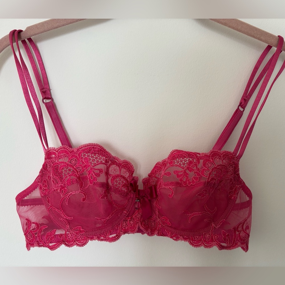 Lace Balconette Bra in Hot Pink - Elegant Strappy Design